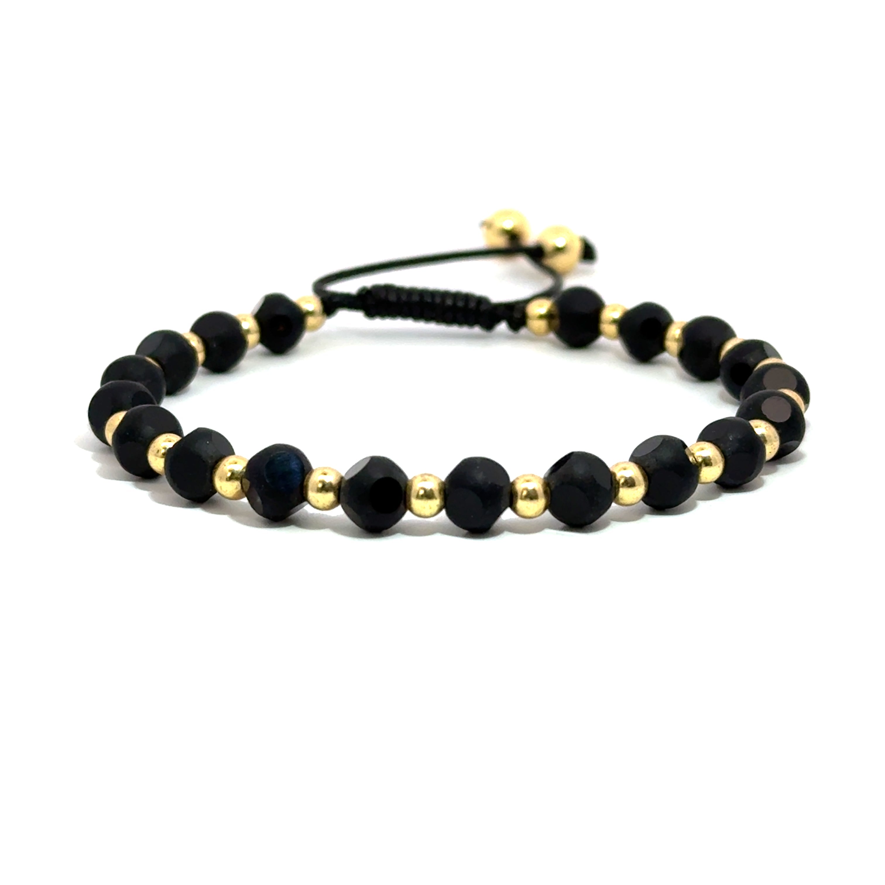 Bratara cu snur reglabil si margele  negre placata cu aur
